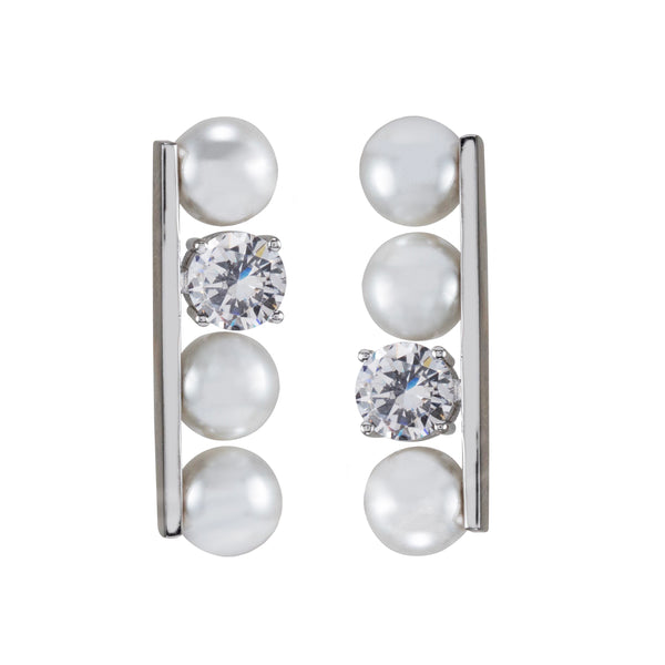 Sterling Silver 7mm Glass Pearls with Cubic Zirconia Drop Earrings