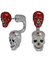 Red Enamel & Silvertone Double Skull Earring
