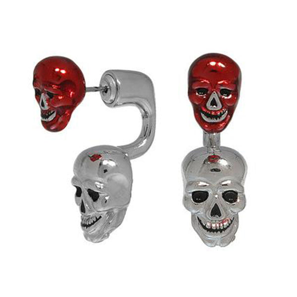 Red Enamel & Silvertone Double Skull Earring