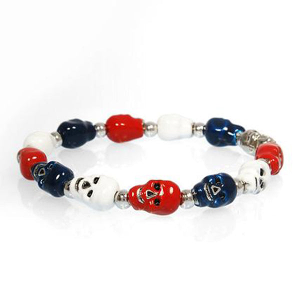 Silvertone Red White and Blue Skull Bracelet