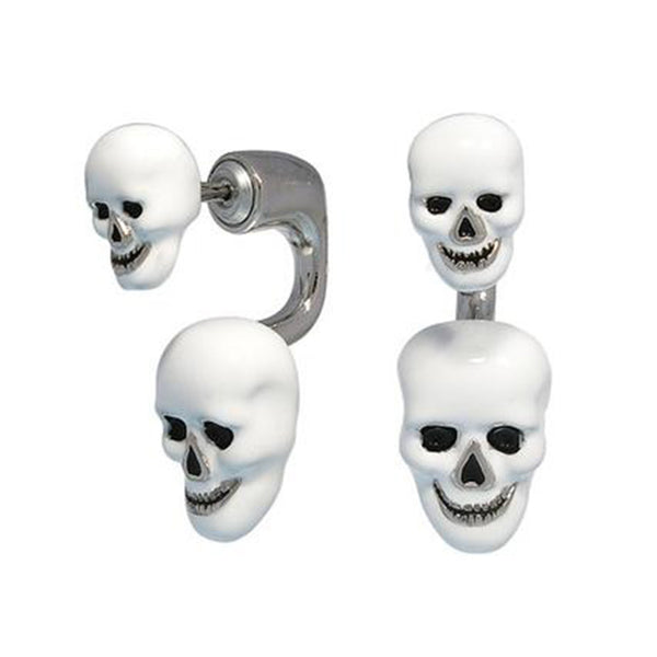 Silvertone/White Enamel Double Skull Earrings