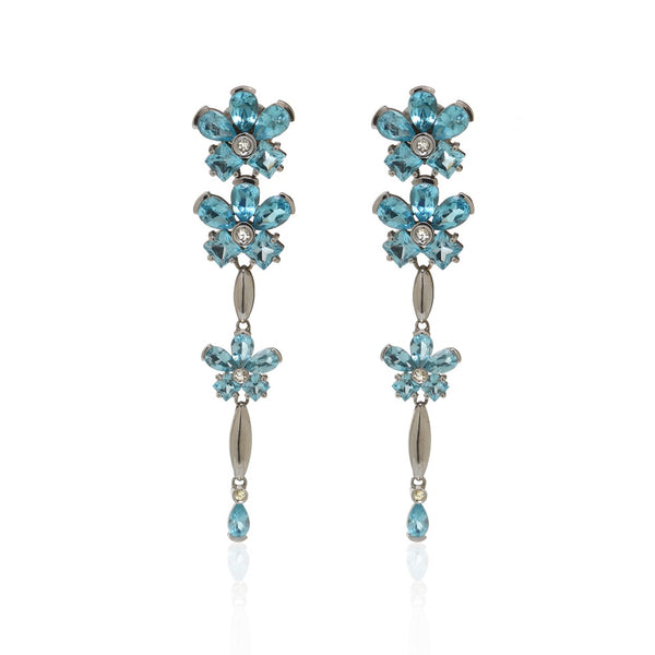 Blue Topaz Flower Drop Earrings Set in 14k White Gold